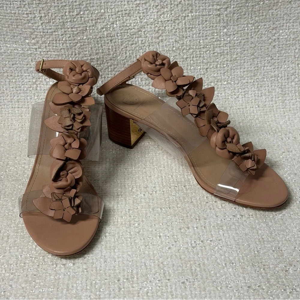 Tory Burch floral clear top nude heel sandals Sz 8